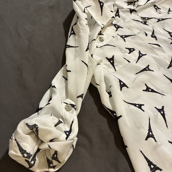 Karl Lagerfeld Paris Women Eiffel Tower Button Blouse Small White Black - Picture 7 of 7